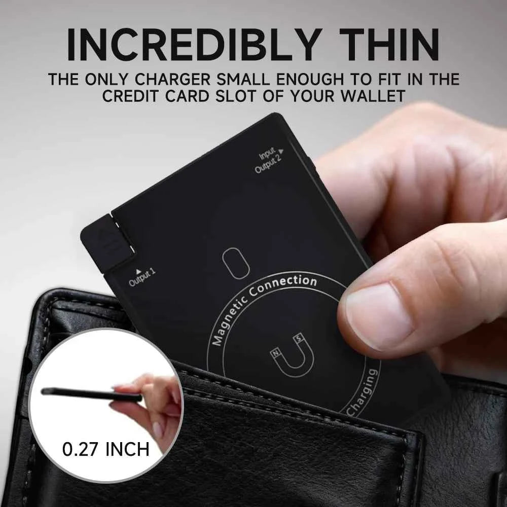 Magnetic Card-Size Power Bank 2650mAh Ultra-Slim Portable Charger with Built-in USB-C & Lightning Cables 7.5W Quick Charge