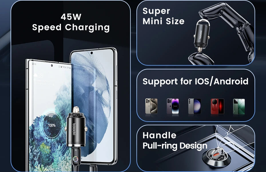 Toocki 45W USB Type C Dual Ports Car Charger Quick Charge 3.0 FCP SCP For iPhone Xiaomi Huawei Samsung Fast Charging Car Charger