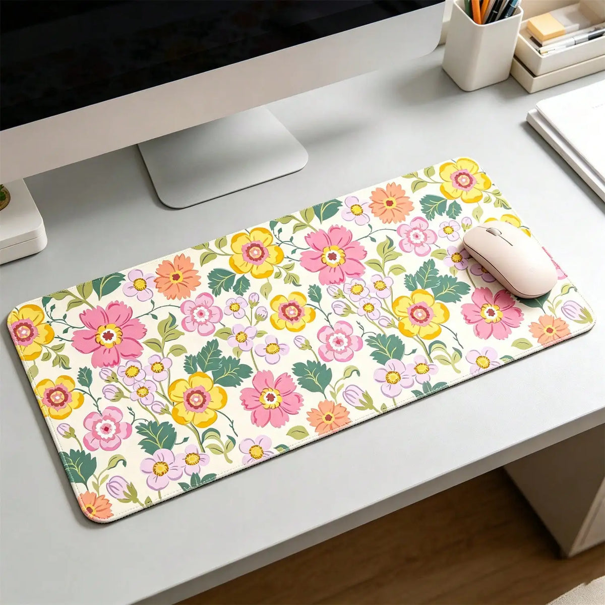 Large Mouse Pad, Wildflowers Floral Desk Mat Computer Keyboard Pad Non-Slip Rubber Base With Stitched Edges For Laptop Gaming, Office & Home