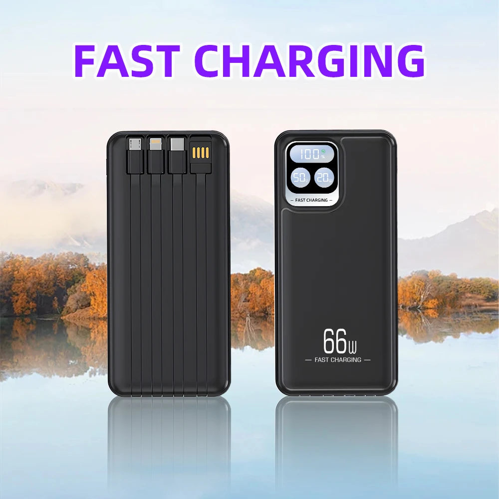 66W Fast Charging Power Bank Built-in 4 Cables LED Digital Display Portable PD20W External Battery Pack Polymer Safe Powerbank for iPhone Android Phones