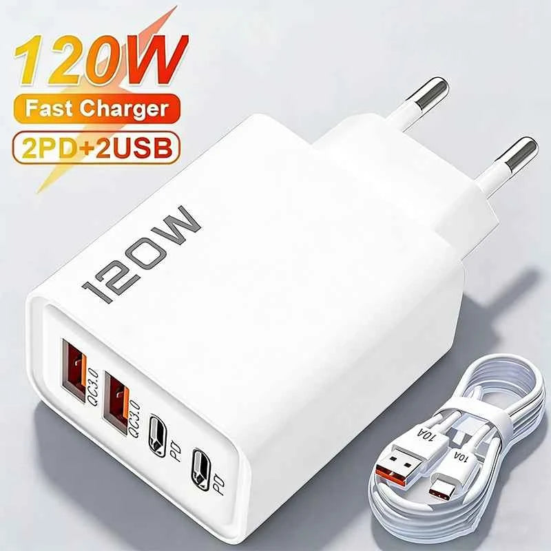 4 Ports 120W Charger Quick Charge 3.0 USB C PD Type C USB Phone Chargers Fast Charging Adapter For iPhone Samsung Xiaomi Huawei