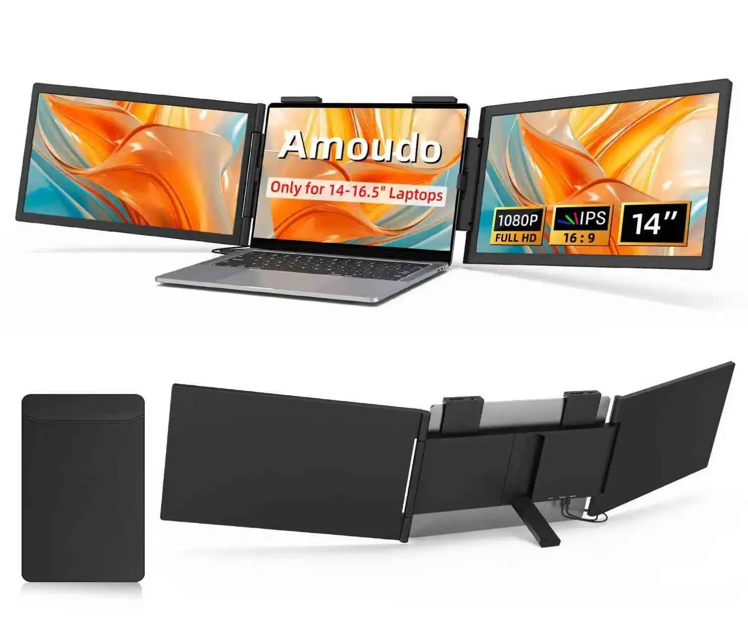 Amoudo14 Inch Dual Portable Monitor 1920*1080P IPS Portable Triple Monitor with USB-C Port for 14-16.5