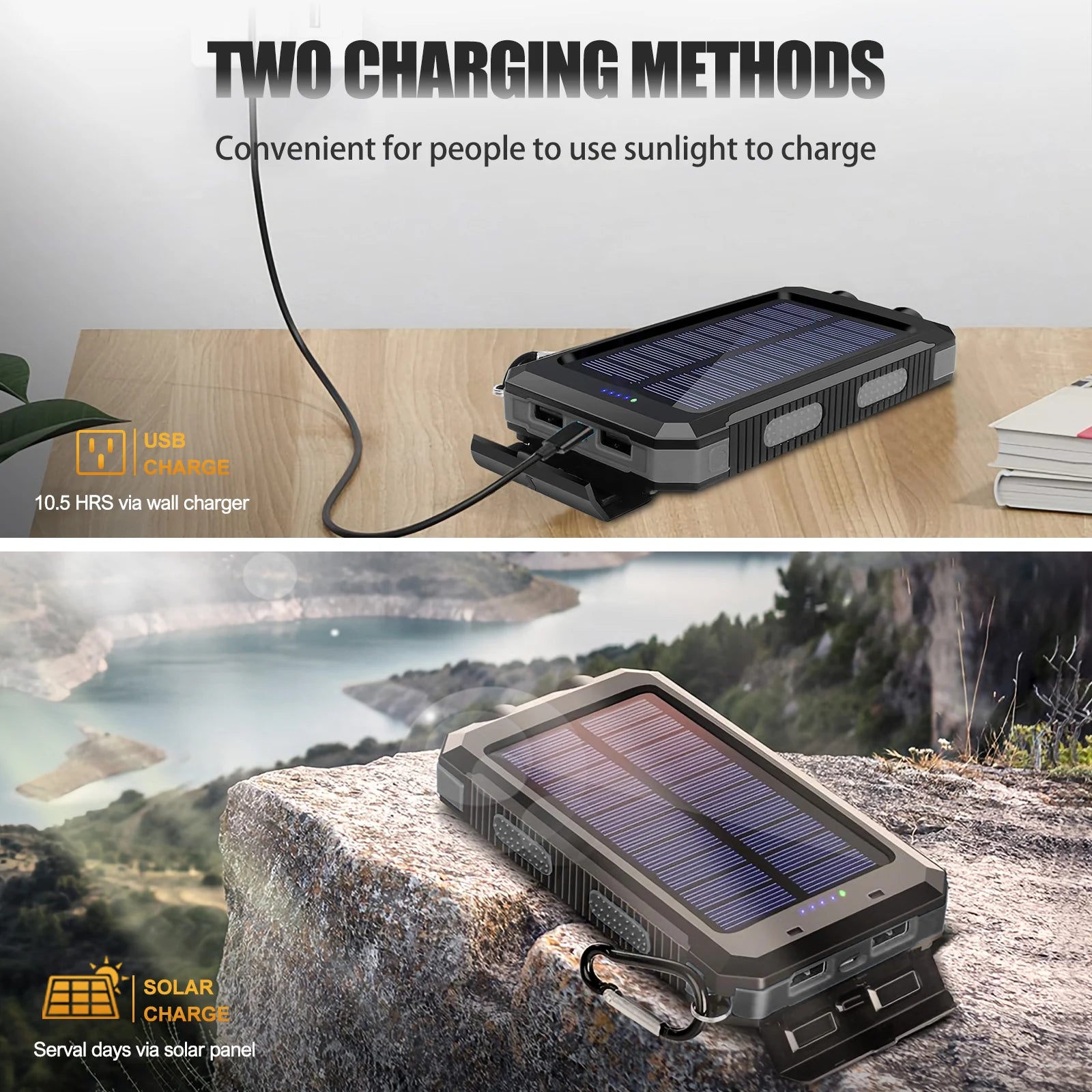 10000mAh Solar Power Bank Portable Waterproof Outdoor Dual 5V 1A USB Ports Fast Charging LED Flashlight for iPhone Tablets