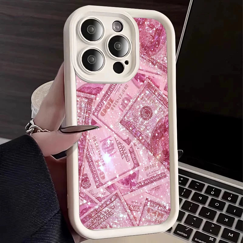 Pink Dollars Full-Coverage Banknote Design Silicone Phone Case For iPhone 17AIR 16 15 14 13 12 11PROMAX Cover