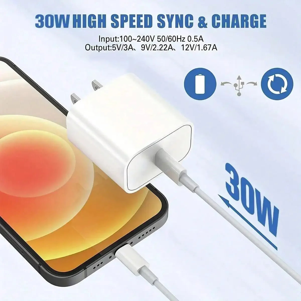 30W Charger Kit 30W Fast Charging Adapter + 3.3ft/100cm High-Efficiency Data Sync Fast Charging Cable Compatible With