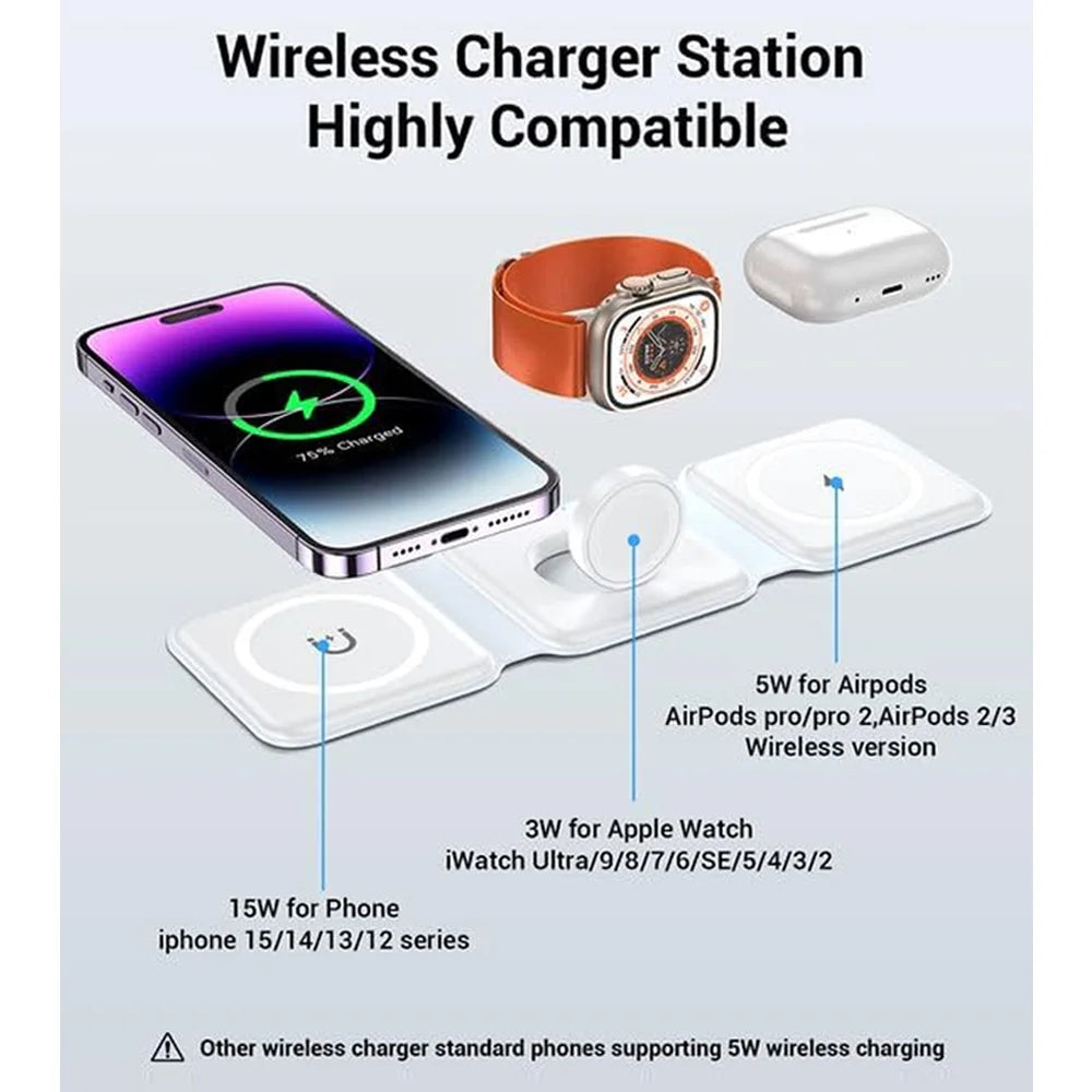 3 in 1 Magnetic Wireless Charger Pad for iPhone 16 15 14 13 Pro Max Apple Watch 9 8 AirPods Chargers Fast Charging Dock Station