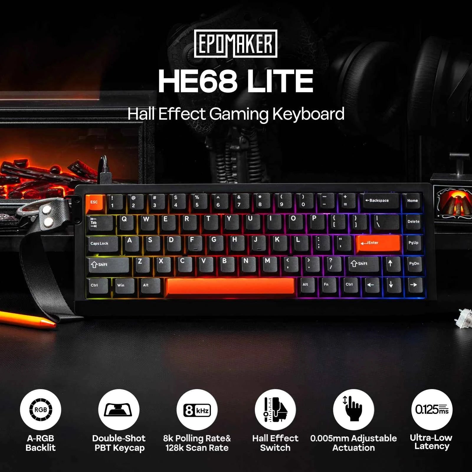 EPOMAKER HE68 Lite 65% Layout Tray-Mounted Wired Hall Effect NKRO Magnetic Keyboard DKS SOCD 8kHZ Polling Adjustable Actuation
