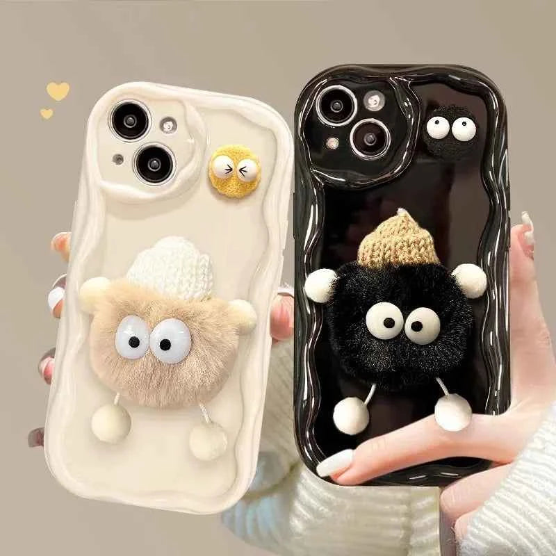3D Fluffy Plush Briquettes Phone Case For Samsung Galaxy A54 A34 A24 A14 A13 A53 A33 A73 A23 A52 A52S A32 A22 A12 A51 A71 Cover