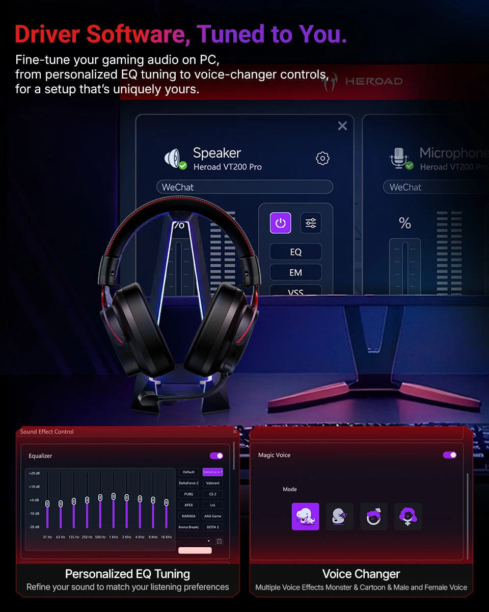 QCY Heroad VT200 Wireless Gaming Headset Detach Mic Over ear Headphone Tri-Mode 7.1 Surround Sound for PC/PS4/PS5 Headset Gamer