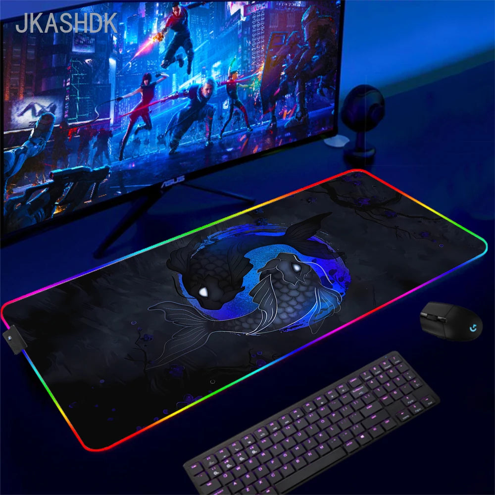 Large RGB Mouse Pad Koi Fish Gaming Mousepad LED Mouse Mat Gamer Mousepads Yin Yang Desk Pads RGB Keyboard Mause Mats XXL 100x50