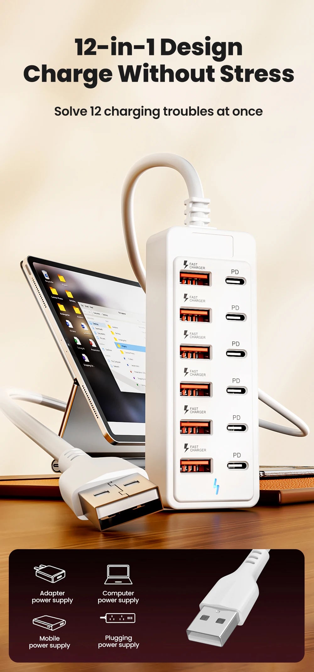 12 IN1 Power Strip Multi Port USB Charger Station Wall Desktop Power Adapter USB Type C Fast Charging Charger For iPhone Samsung