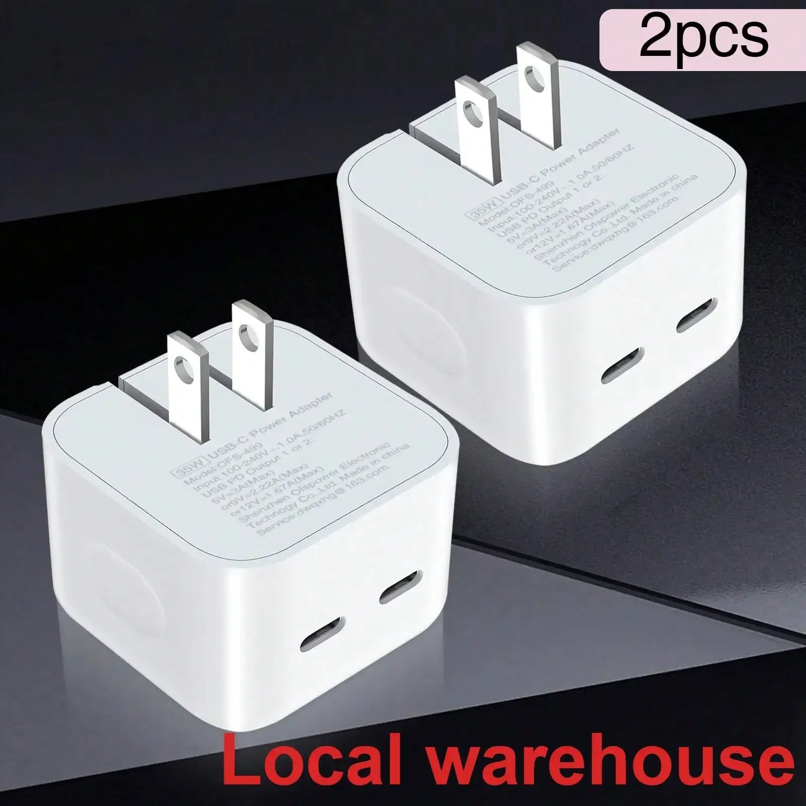 2Pcs 20W PD Dual USB C Foldable Wall Charger High Output Fast Charging Adapter for iPhone iPad Android Smartphones Home Office Use US Local Warehouse