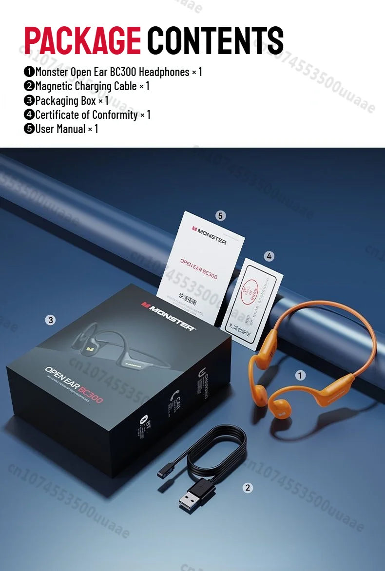 Monster BC300 Bone Conduction Bluetooth 6.0 Headphone IPX8 Waterproof Wireless Swimming Earphones Built-in 32GB Sport Earhook