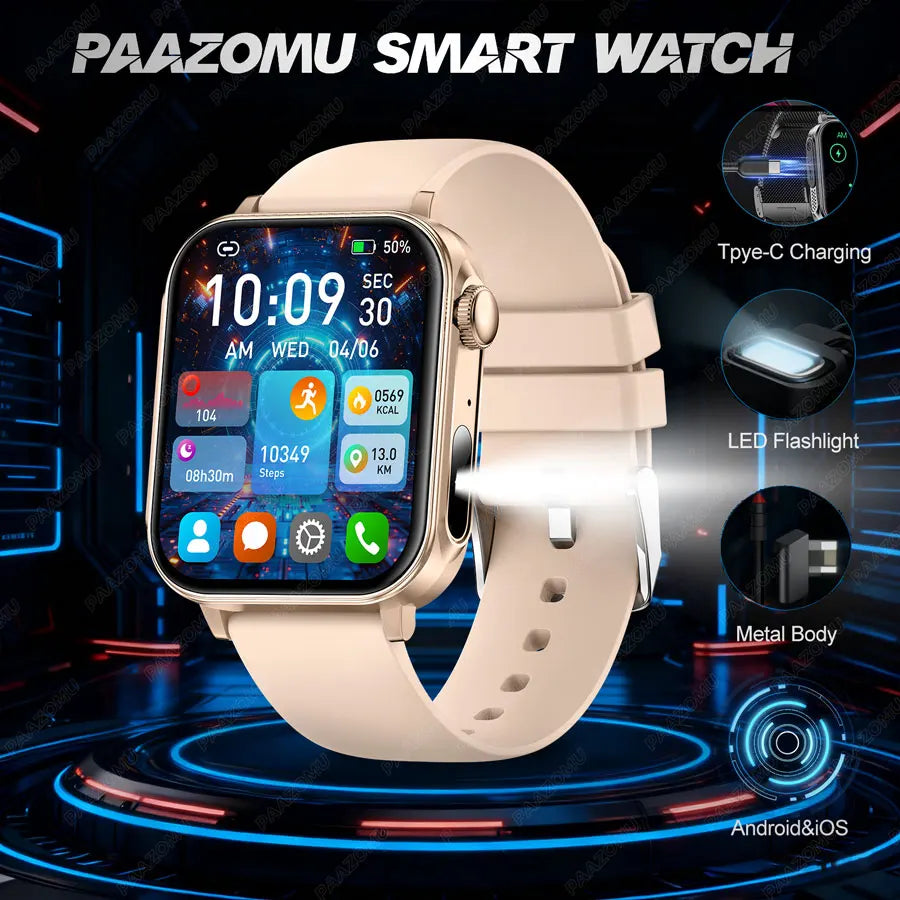 2025 New Smart Watch Men Women Type-C Charging Heart Rate LED Flashlight Bluetooth Call IP68 Waterproof SmartWatch for Android