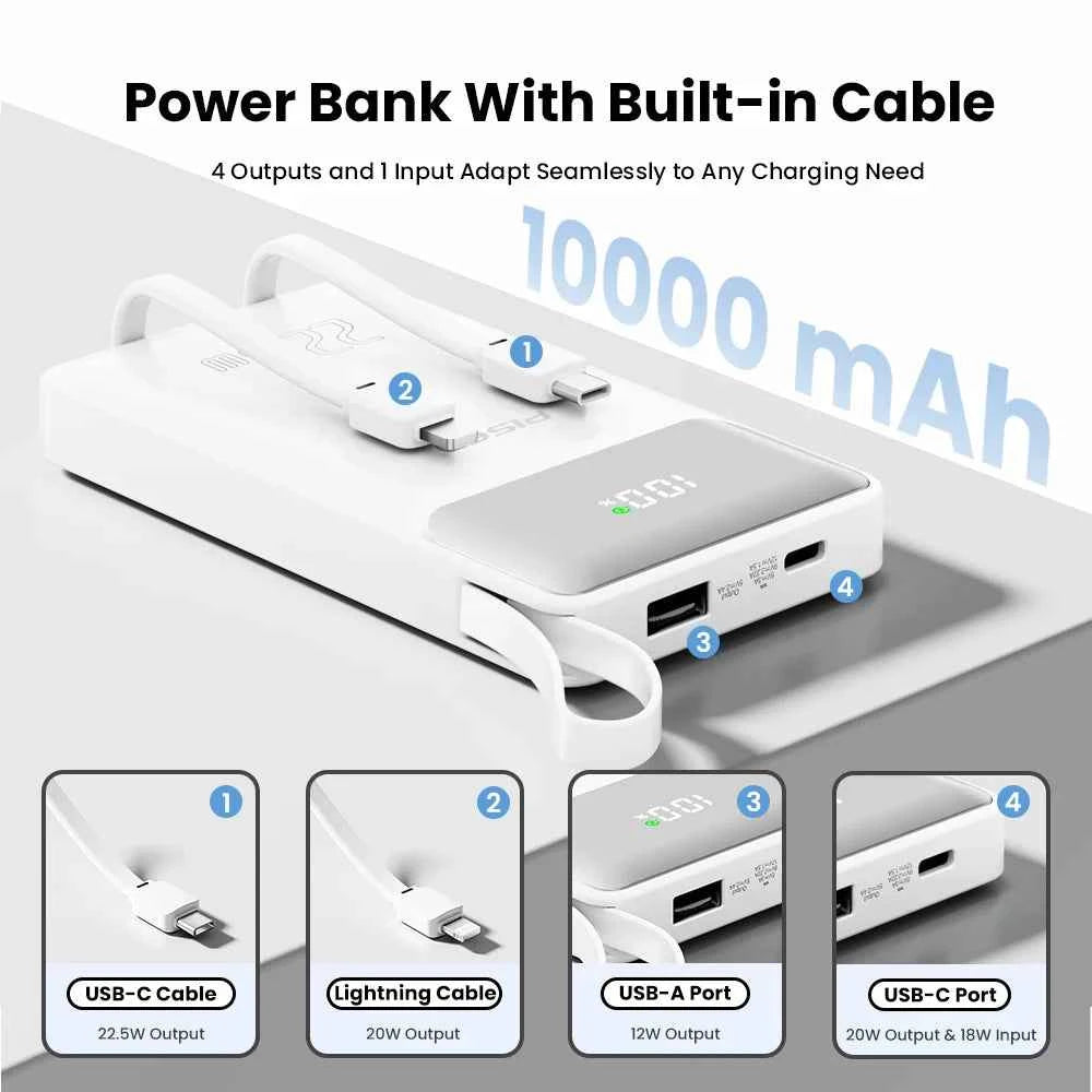 PISEN 3C Certified 22.5W Power Bank 10000mAh/ 20000mAh With Built-in Type C/L Cables Fast Charging Powerbank For iPhone Samsung