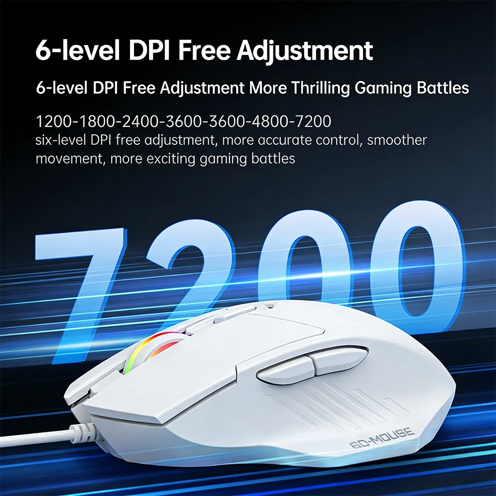 KEBIDUMEI 6 Buttons USB Wired Mouse 6 Levels up to 7200DPI Mouse Ergonomic Gaming Mouse Plug and Play For Laptop Windows MacOS