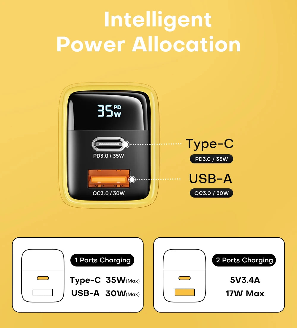 35W GaN Charger LED Display USB Charger for IPhone 14 Pro Samsung Xiaomi IPad Pro PD 3.0 QC 3.0 Quick Charger USB C Fast Charge