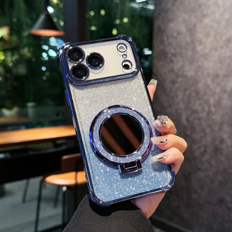 Plating Four Corner Shockproof Gradient Glitter TPU Makeup Mirror Holder Phone Case For iPhone 17 Pro Max/17/17 Pro Bumper Cover