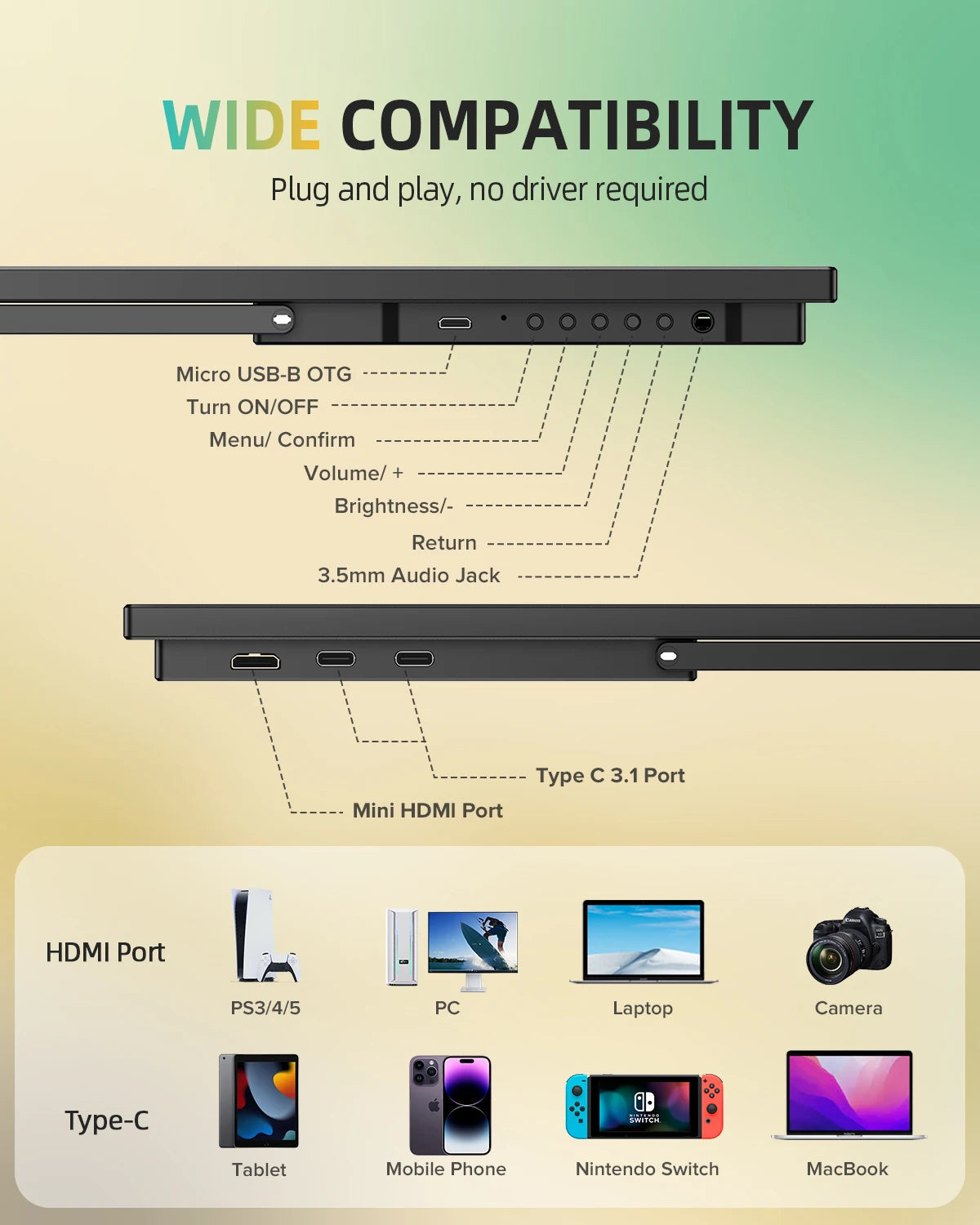 UPERFECT 22”2560*1440  Portable Gaming Monitor 16:9 Laptop Extend Travel Computer Screen Mini PC Eye Care LED Display With VESA