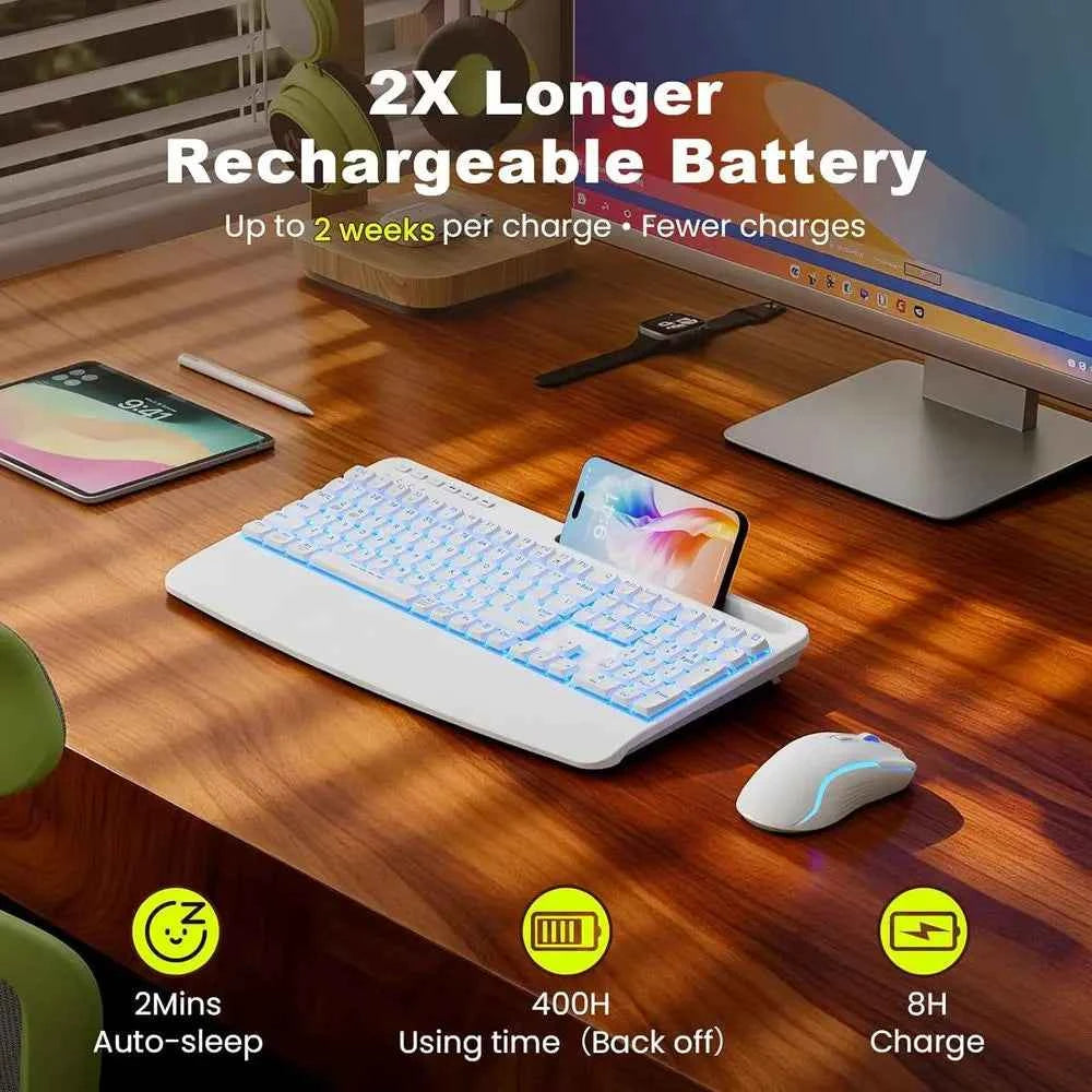 Wireless Ergonomic Backlit Keyboard and Mouse Set, 4000mAh Rechargeable, USB, Wrist Rest & Pen Holder, Quiet Typing, Windows Com