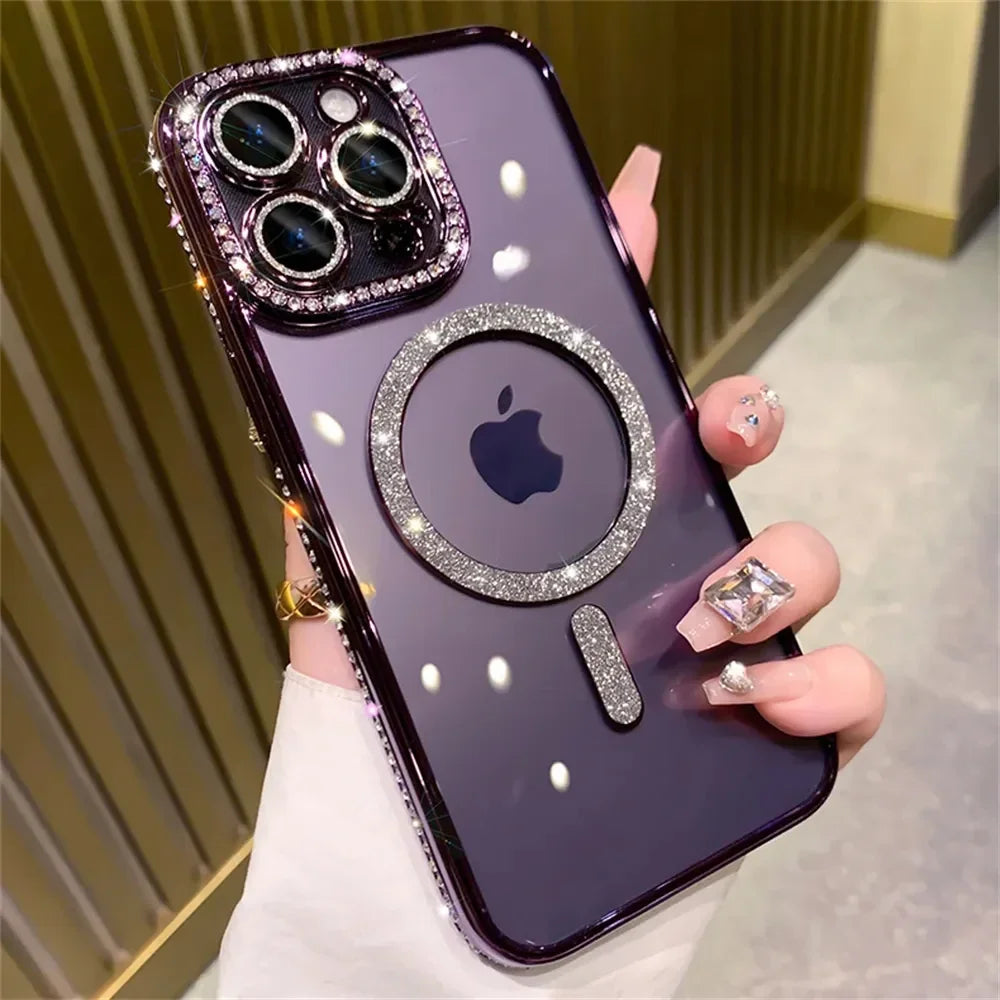 New Fashion Glitter Diamond Transparent Case For iPhone 16 15 14 13 17 12 Pro Max 16 Plus Magnetic Wireless Charge Bumper Cover