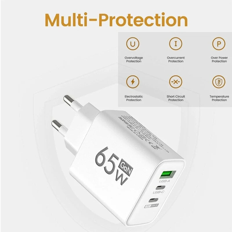 New 65W Fast Charging USB Type-C Charger US EU Plug USB PD Quick Charge 3.0 Travel Wall Phone Charger Adapter For iPhone Samsung