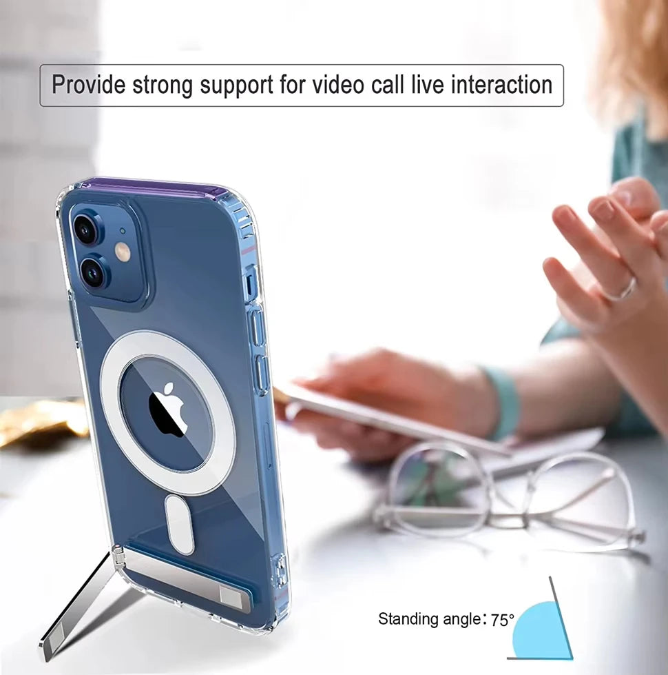 Stand Clear Magnetic Phone Case for iPhone 17 Pro Max Air 16 15 14 13 12 11 X XS Cases with Kickstand Transparent Holder Cover