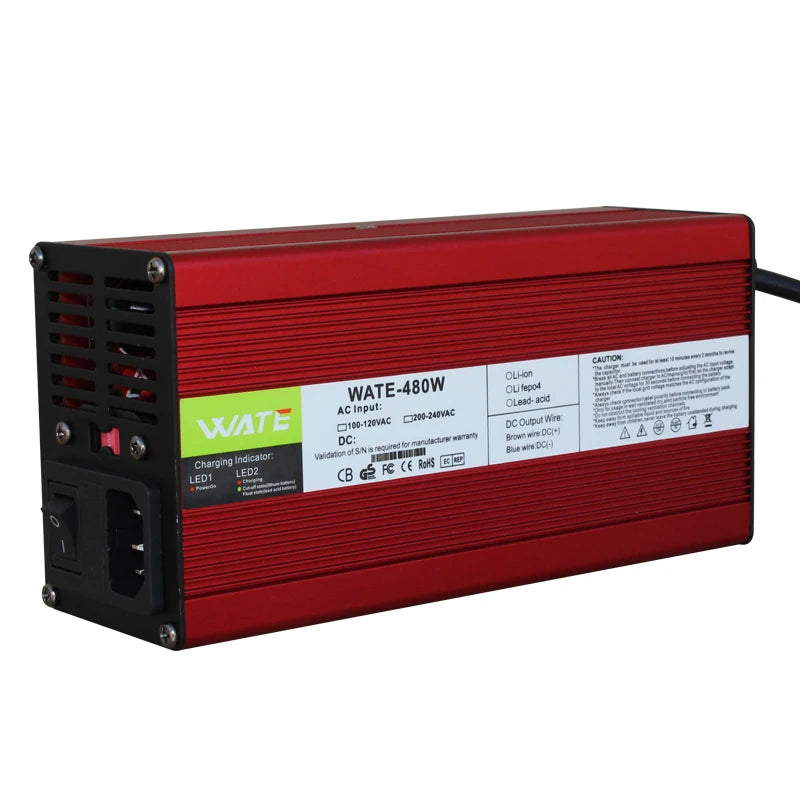 54.6V 8A Charger 13s 48V Lithium ion Battery Charger Output With Cooling Fan Red Aluminum Shell