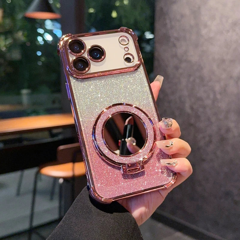Plating Four Corner Shockproof Gradient Glitter TPU Makeup Mirror Holder Phone Case For iPhone 17 Pro Max/17/17 Pro Bumper Cover