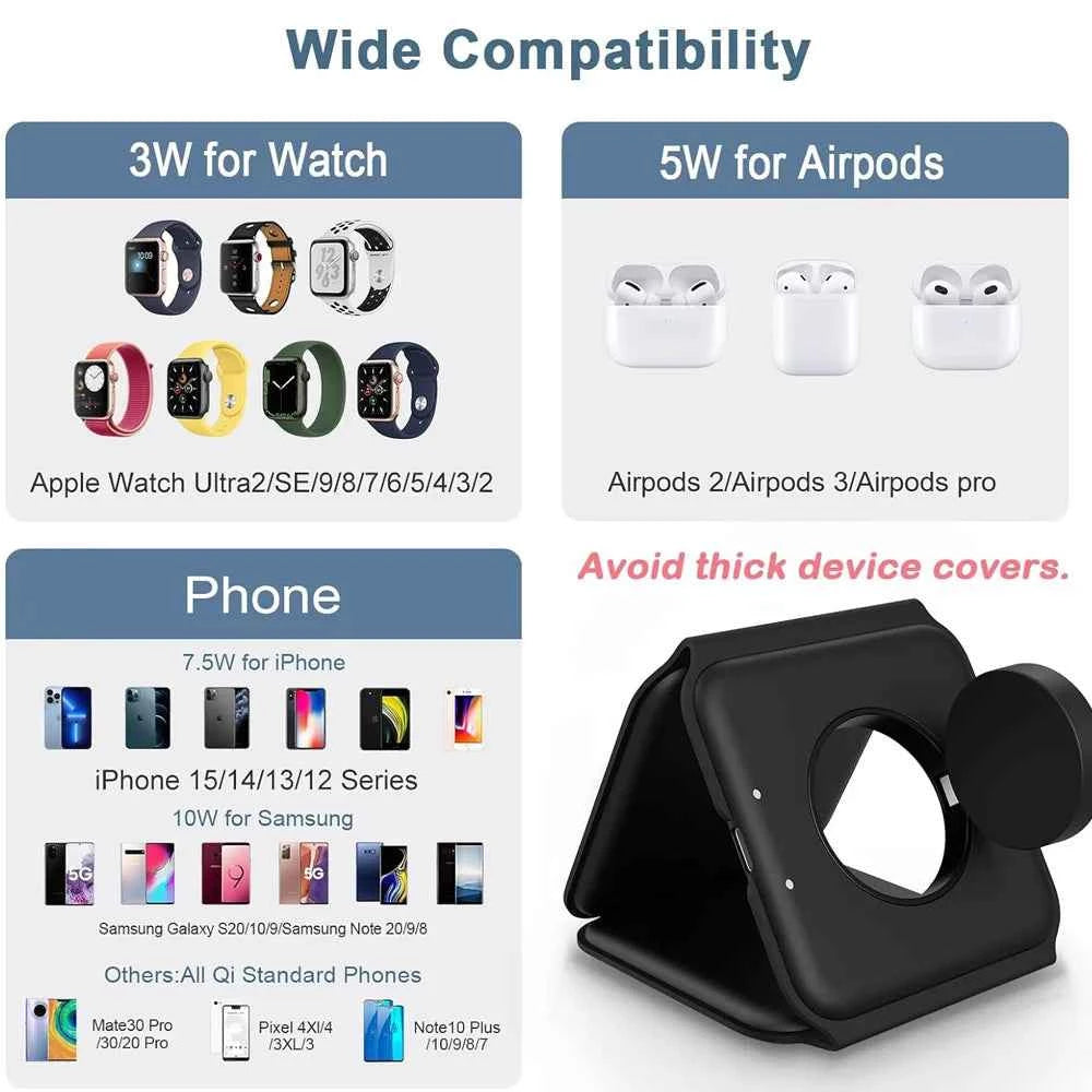 3 in 1 Magnetic Wireless Charger Pad for iPhone 16 15 14 13 Pro Max Apple Watch 9 8 AirPods Chargers Fast Charging Dock Station
