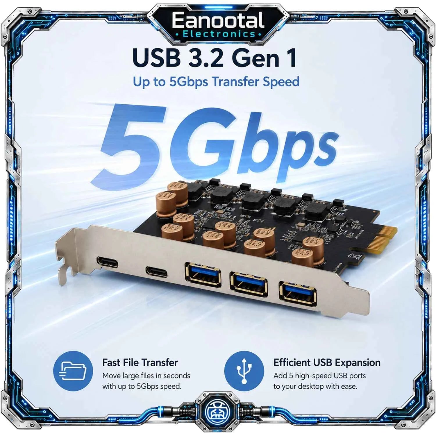 PCIe X1 to 5 Port USB 3.2 Gen 1 Expansion Card 3 USB-A 2 USB-C 5Gbps Adapter for Desktop PC