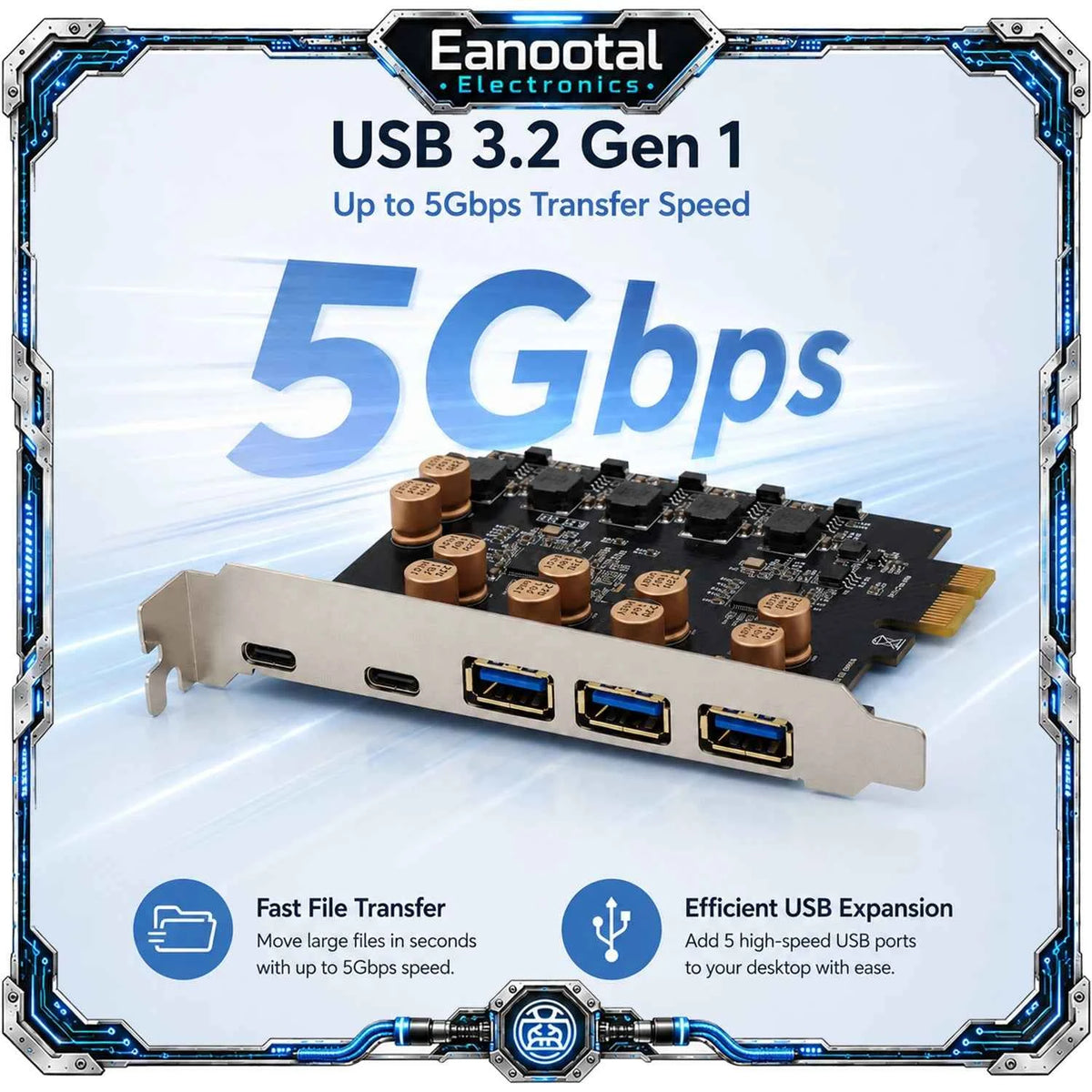 PCIe X1 to 5 Port USB 3.2 Gen 1 Expansion Card 3 USB-A 2 USB-C 5Gbps Adapter for Desktop PC