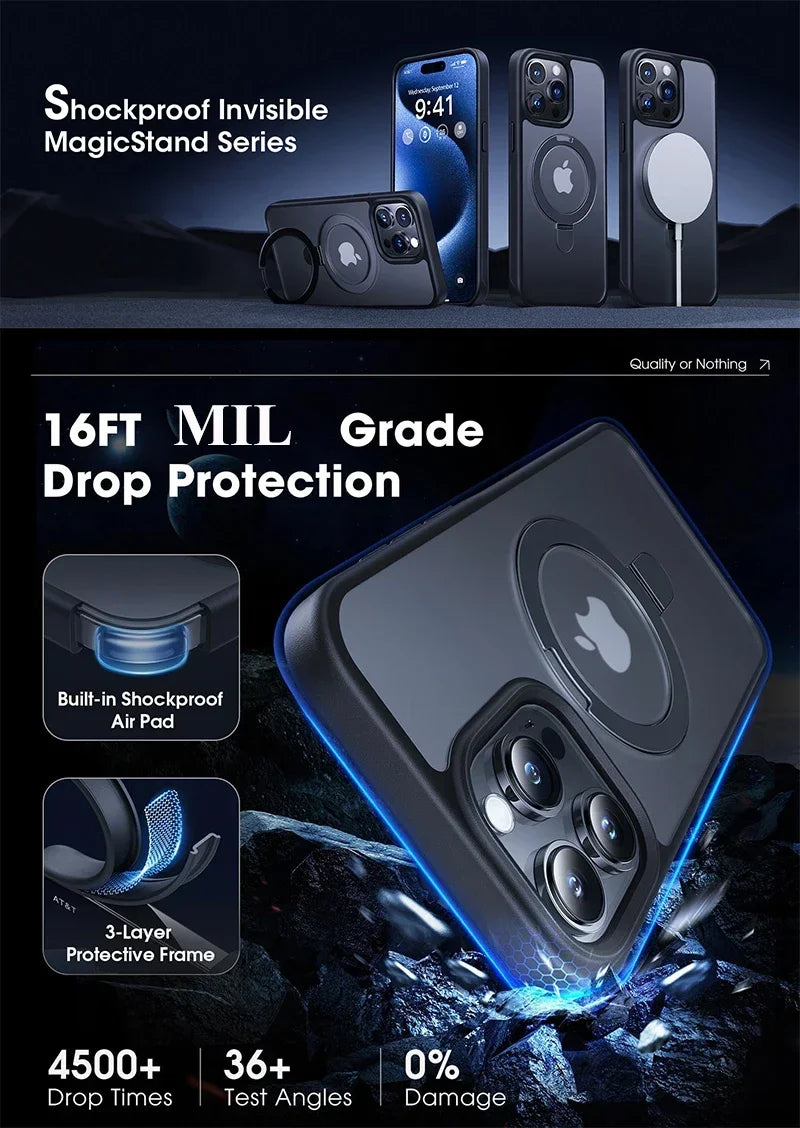 Metal Ring Stand Matte Magnetic Case for Magsafe IPhone Air 17 16 15 14 13 12 11 Pro Max Plus with Lens Protector Mac Safe Cover
