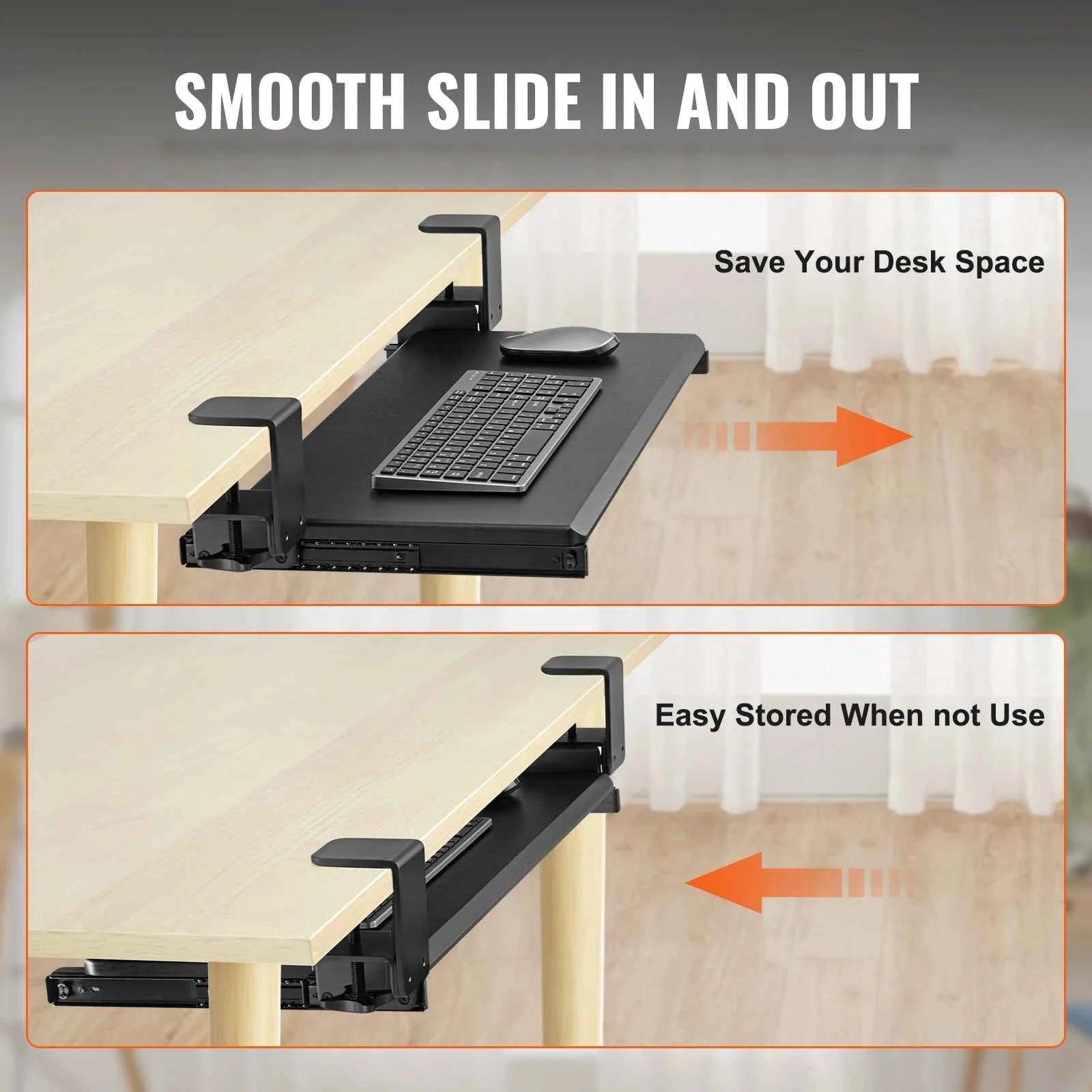 SucceBuy 26.8in Under Desk Keyboard Tray Slide in/out Ergonomic Universal Keyboard Tray No-Drilling C-Clamps Easy to Install