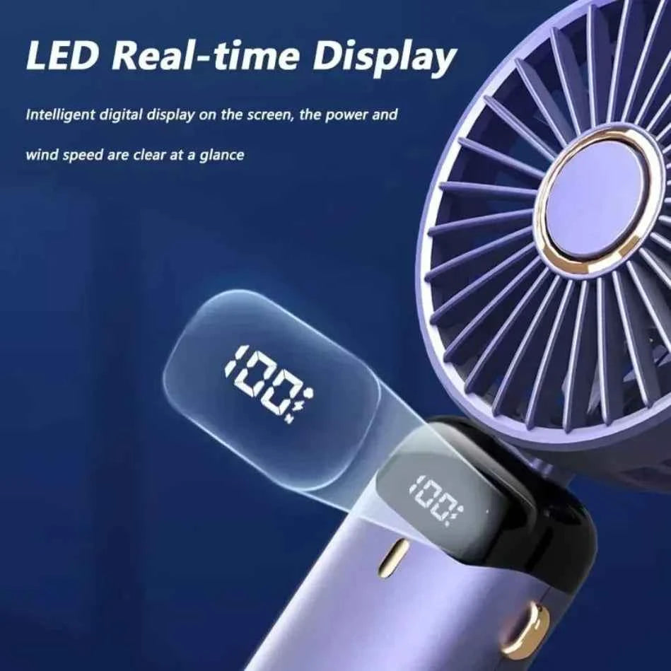 Folding Fan with Phone Stand, 5-Speed USB-C Rechargeable, LED Display Handheld & Desk Fan, Portable Fan for Outdoor Travel Gift