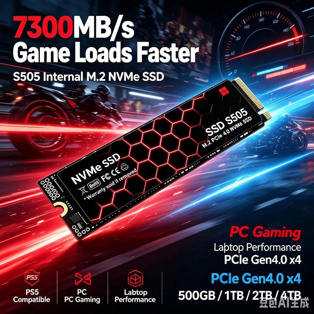 S505 High-Speed M.2 2280 NVMe SSD,7400MB/s PCIe4.0 X4 TLC 3D NAND,500GB/1TB/2TB/4TB Gaming SSD for PS5, Laptop & Desktop PC