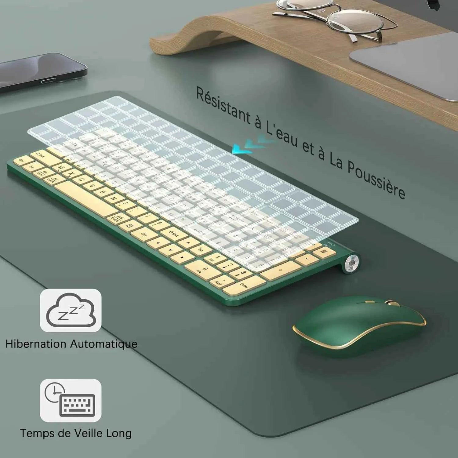 Ergonomic wireless keyboard and mouse, ultra-thin and compact design French AZERTY/ American QWERTY quiet,USB-A and USB-C ports.