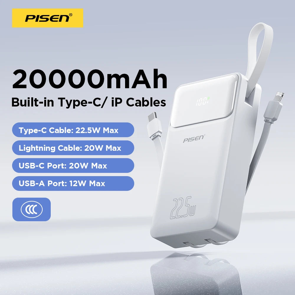 PISEN 3C Certified 22.5W Power Bank 10000mAh/ 20000mAh With Built-in Type C/L Cables Fast Charging Powerbank For iPhone Samsung