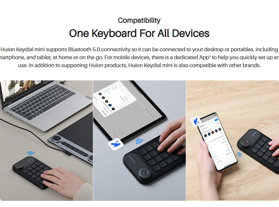 HUION Keydial Mini Wireless Keyboard Bluetooth Connectivity Keyboard with Dial, for Drawing Tablet PC MacBook Surface Pro Laptop
