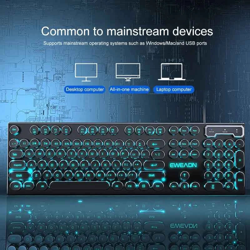 EWEADN Typewriter Gaming Keyboard, 104 Keys, Retro Punk Round Keycaps, Blue Backlight, USB Wired, for Windows PC/Laptop