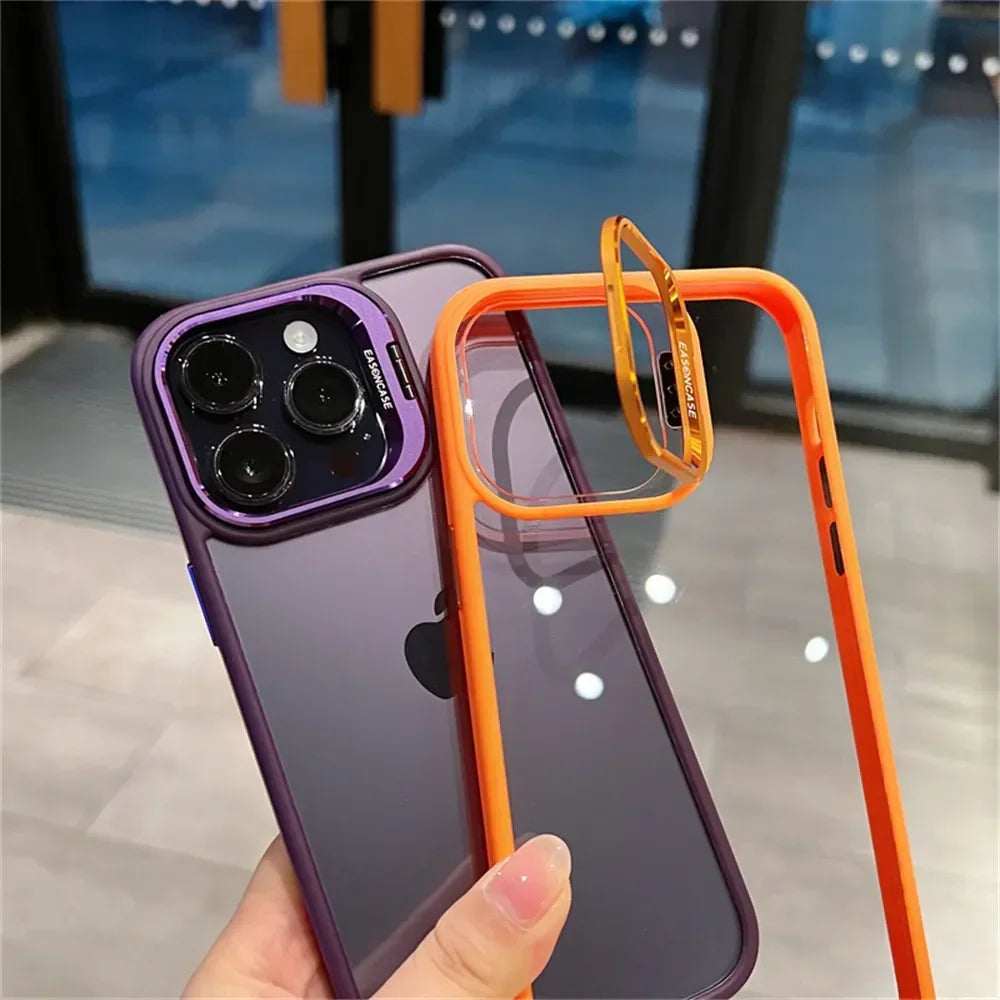 Lens Metal Ring Protector Stand Case For iPhone 15 16 14 13 12 11 Pro Max 16 Plus Camera Glass Protection Transparent Back Cover