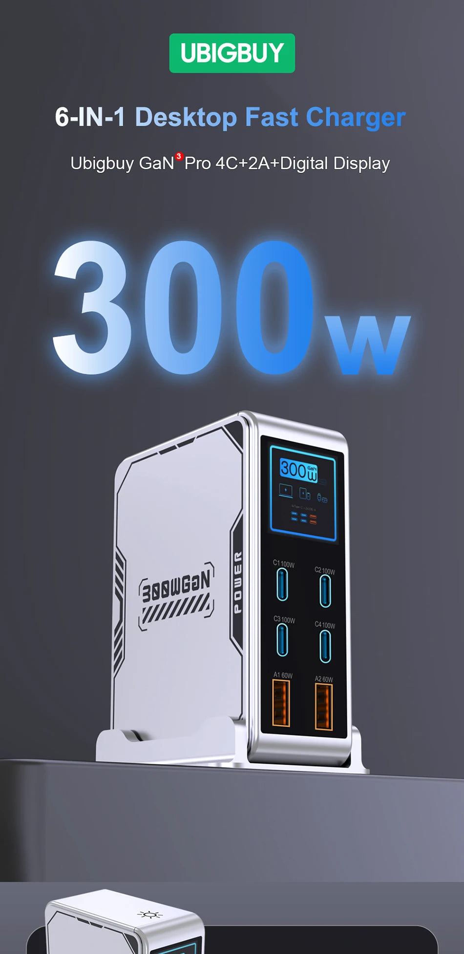 300W USB C Charger,6 Ports USB Charging Station,GaN 100W PD Laptop Fast Charger Adapter Desktop Charger Station with LCD Display for MacBook iPad iPhone Samsung