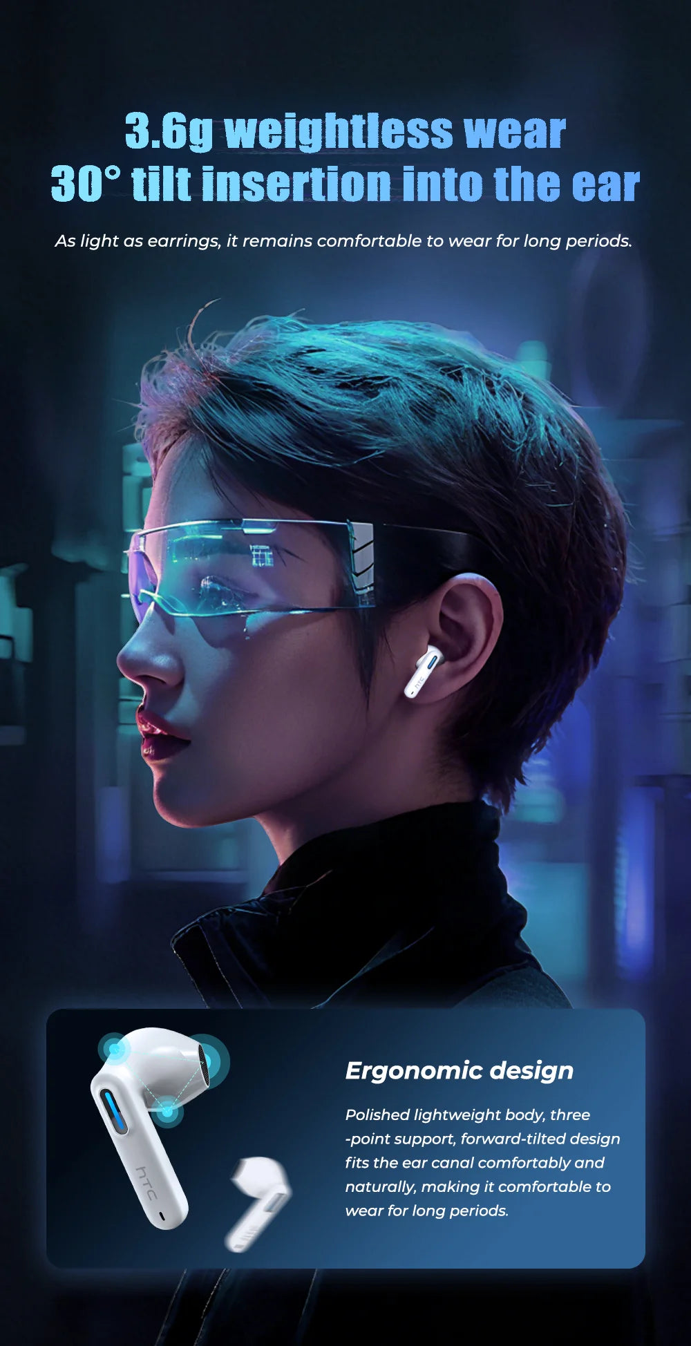 HTC NE49 TWS Wireless Earbuds Bluetooth AI Translator ENC Noise Cancelling 40H Battery Touch Control Stereo Sports Headphones