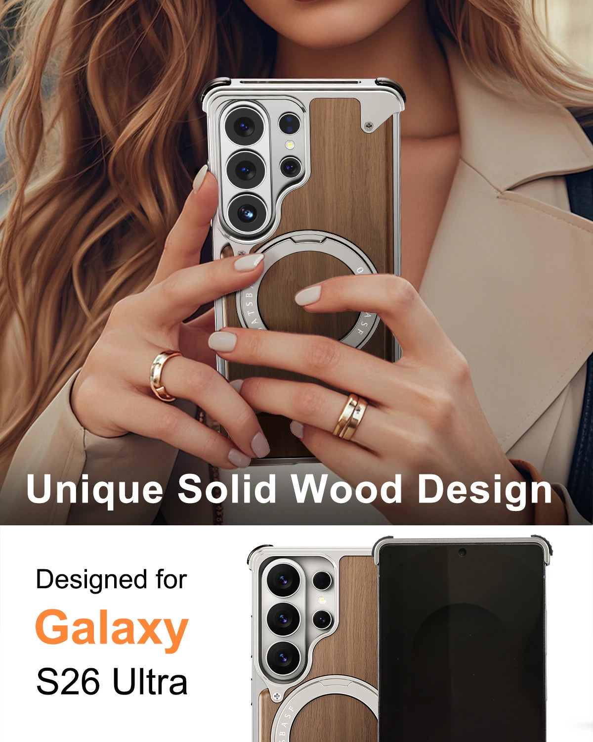 Eary for Samsung Galaxy S26 Ultra Wooden Case With 360°Rotating Magnetic Stand Frameless Unique Wood Phone Cover Drop Protection
