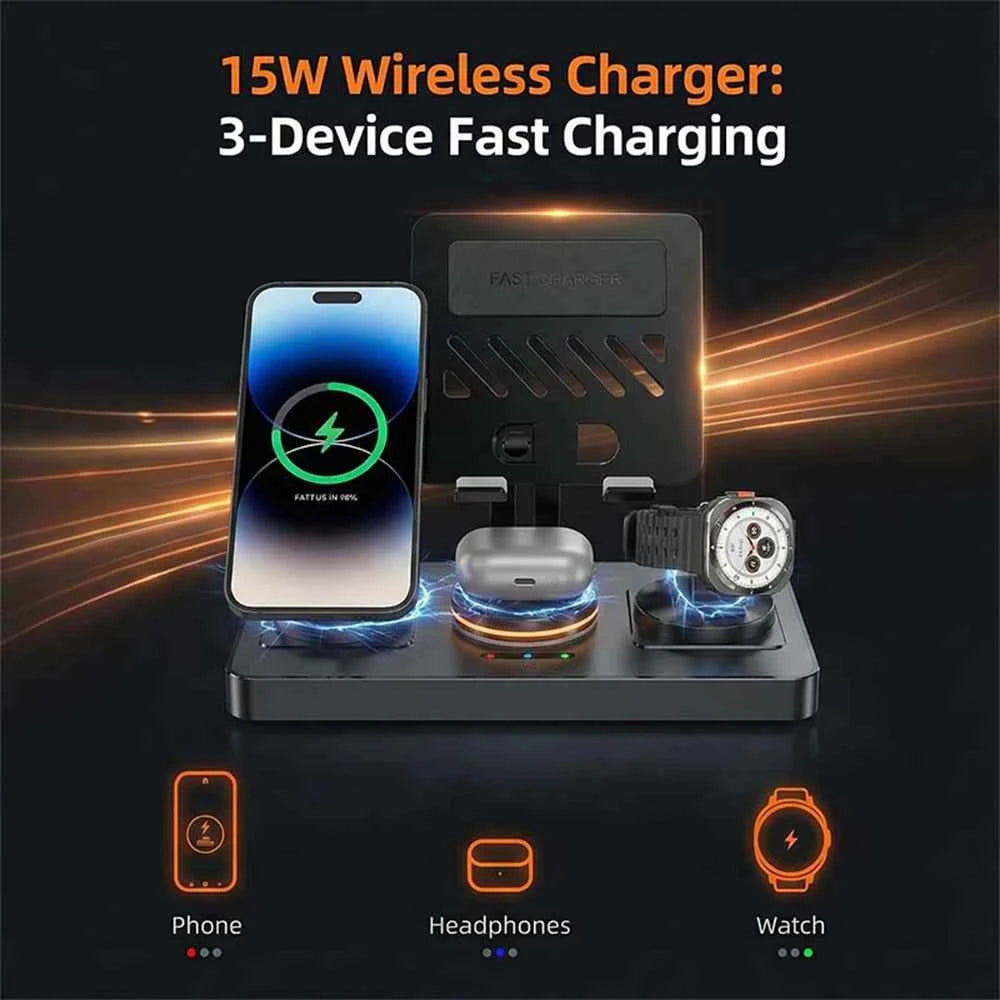 5-in-1 Wireless Charging Station 60W Fast Charger – Foldable Magnetic Stand Dock for iPhone, Apple Watch & AirPods, Desktop Tablet Holder.