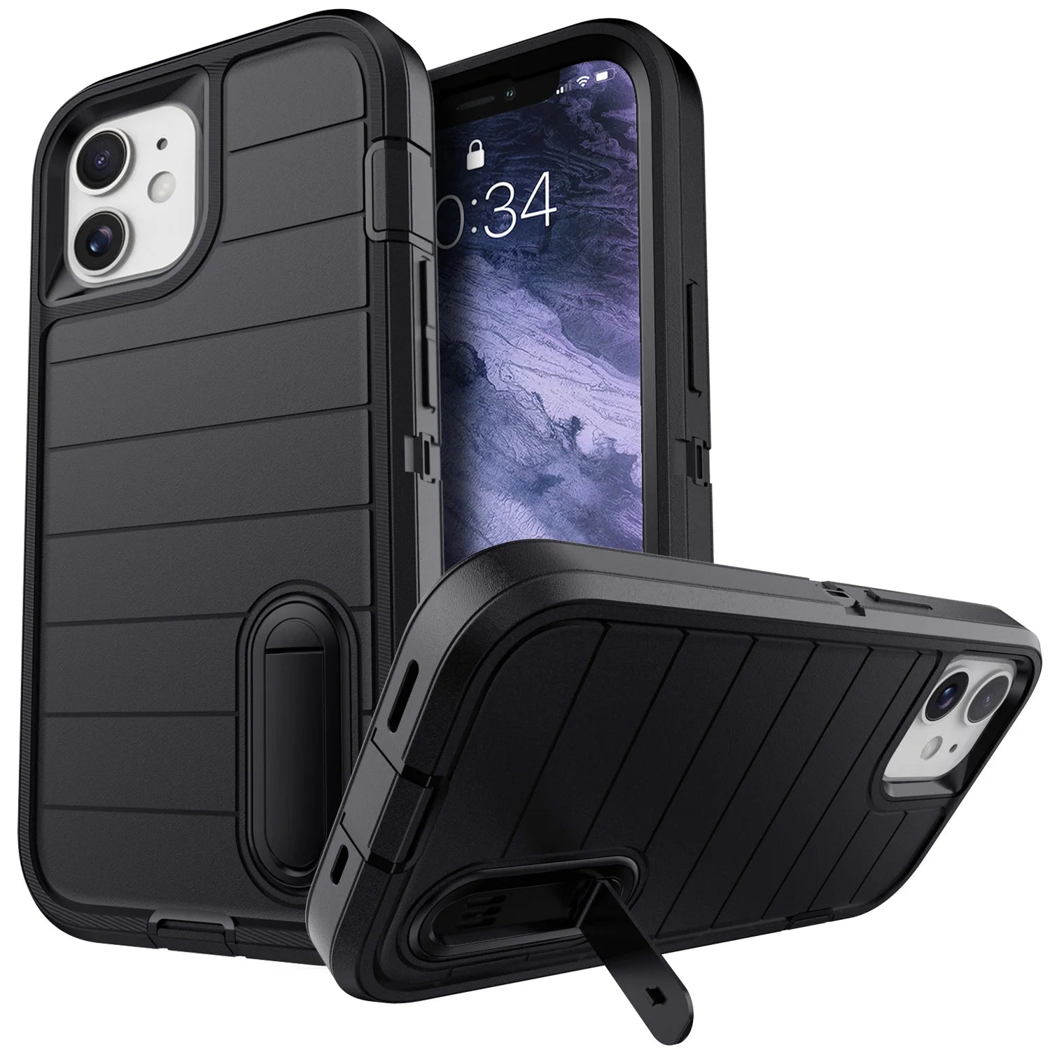 For iPhone 11 12 13 14 15 16 Plus Pro Max Case Heavy Duty Shockproof Hybrid Rugged Kickstand Cover Black