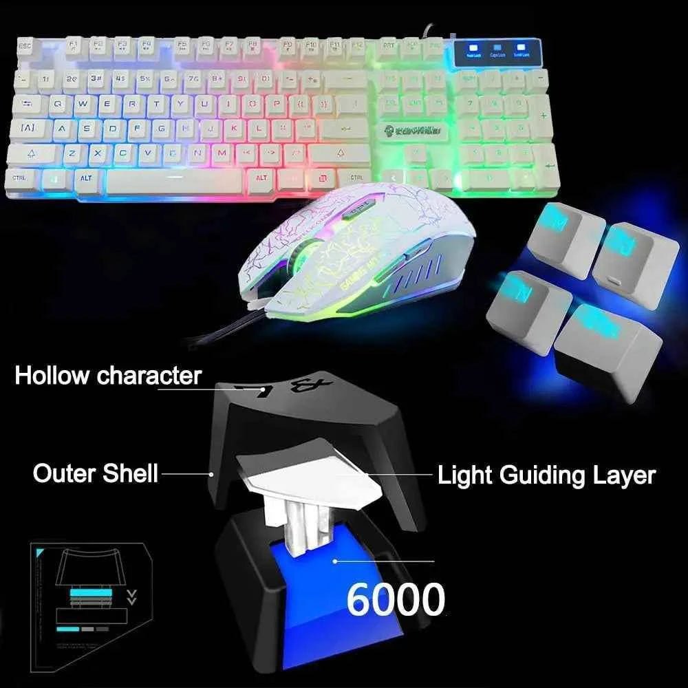 US Layout Gaming Keyboard and Mouse Set Ergonomic Rainbow Backlit Rainbow + 2400DPI 6 Button Mouse Rainbow LED + Mouse Pad
