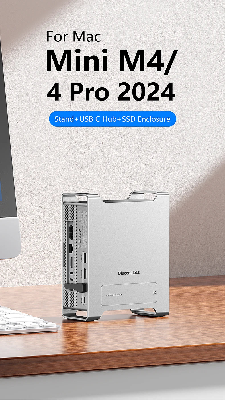 Blueendless ssd docking For 2024 MAC Mini M4/M4 Pro Stand with M.2 NVMe SSD enclosure 4K/60HZ HDMI-Com SD4.0 TF4.0 10Gbps C HUB