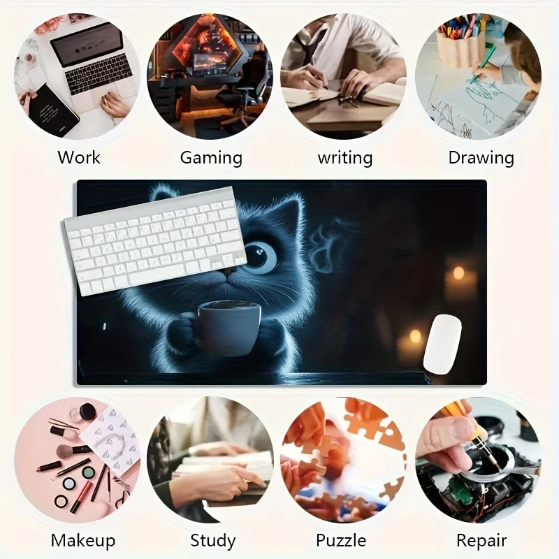 1 Large Gaming Mouse Pad - Non-Slip Washable Surface, Cute Cat Holding Coffee Design, Expressive, Extra-Long Desk Mat for PC, Office, Esports - Ideal Gamer
