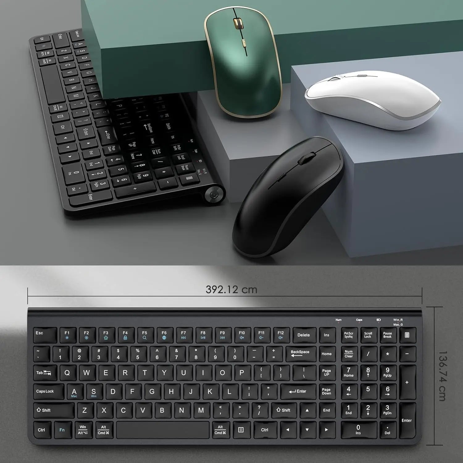 Ergonomic wireless keyboard and mouse, AZERTY, France, quiet and portable, including USB-A and USB-C ports, suitable for Mac/PC/